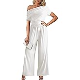 LOOKBOHO Women's Jumpsuits Dressy Casual Off Shoulder Jumpsuit Boat Neck Wide Leg Long Pant Romper One Piece Outfits