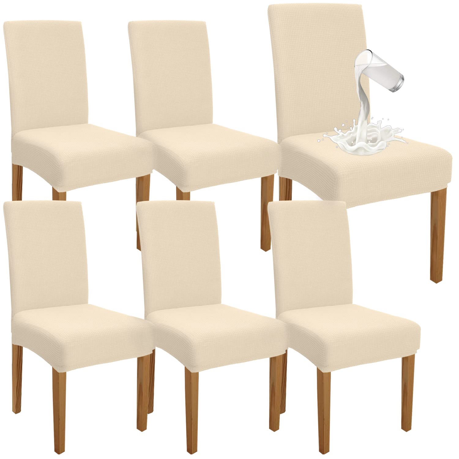 Granbest Premium Waterproof Dining Chair Covers Set of 6, Elastic High Back Chair Slipcovers for Dining Room, Washable Removable Chair Protector for Banquet, Kitchen, Party, Hotel (Beige, Pack of 6)