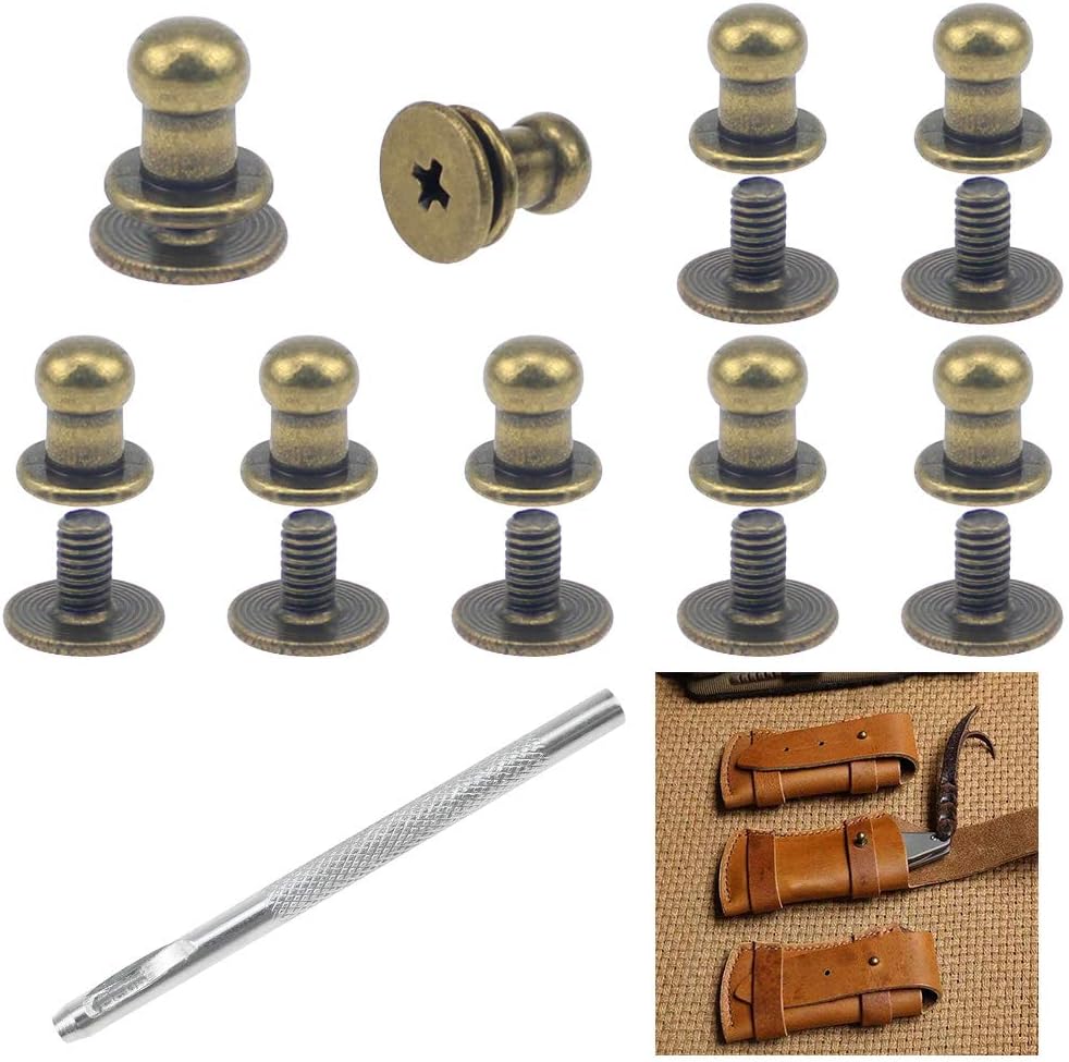 SRunDe 60 Sets 5mm Solid Brass Round Head Stud Screw Rivets Sam Browne Studs Leather Chicago Screws Rivets Round Head Button Stud Screws with Hole Puncher Post Fastener for DIY Repair Leather Craft