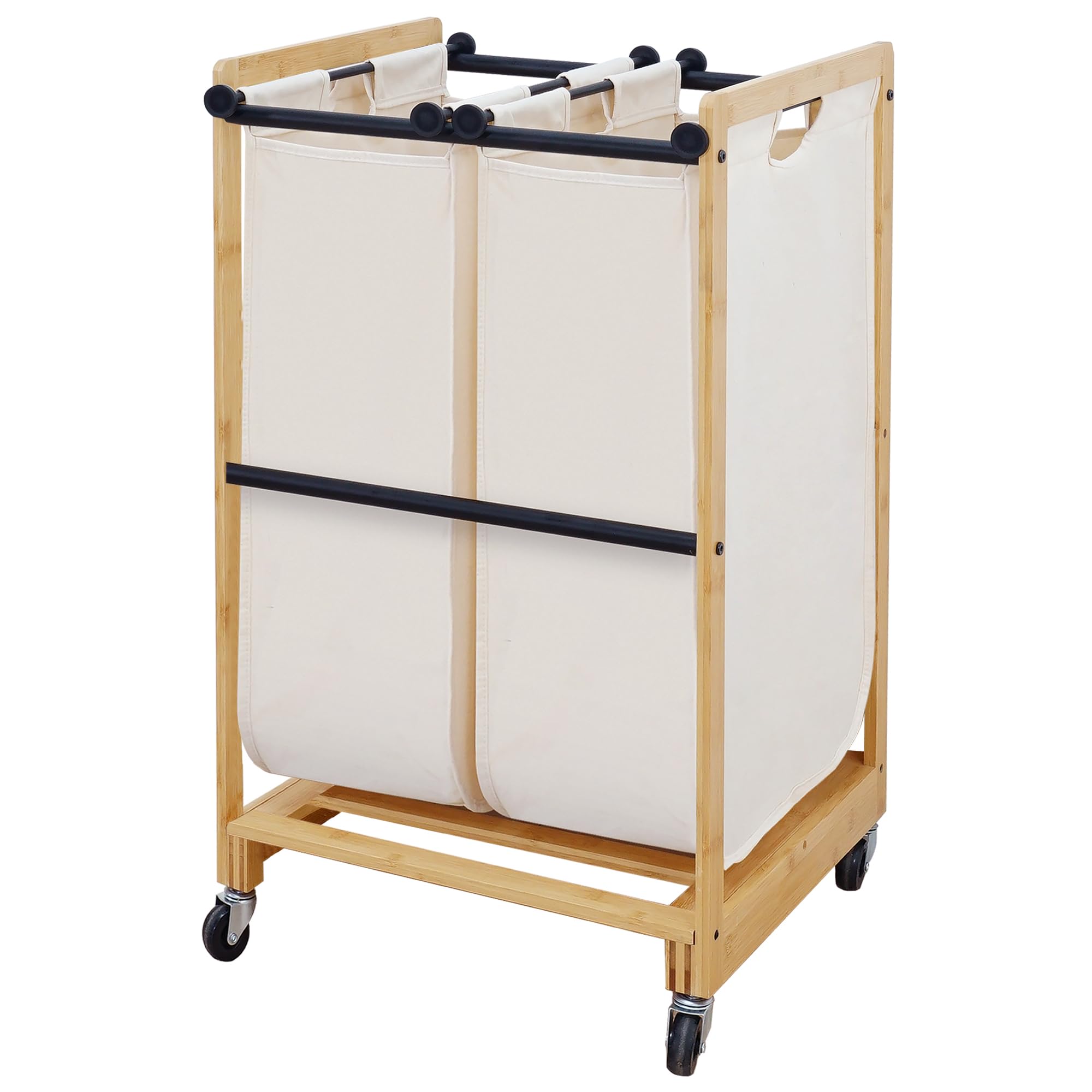 Photo 1 of ***FACTORY SEALED*** STO STO Laundry Sorter 2 Section with Bamboo Frame, 2 Bag Laundry Hamper, Rolling Laundry Cart Basket with Lockable Wheels and Removable Bag for Clothes Storage in Laundry Room and Bedroom, Beige