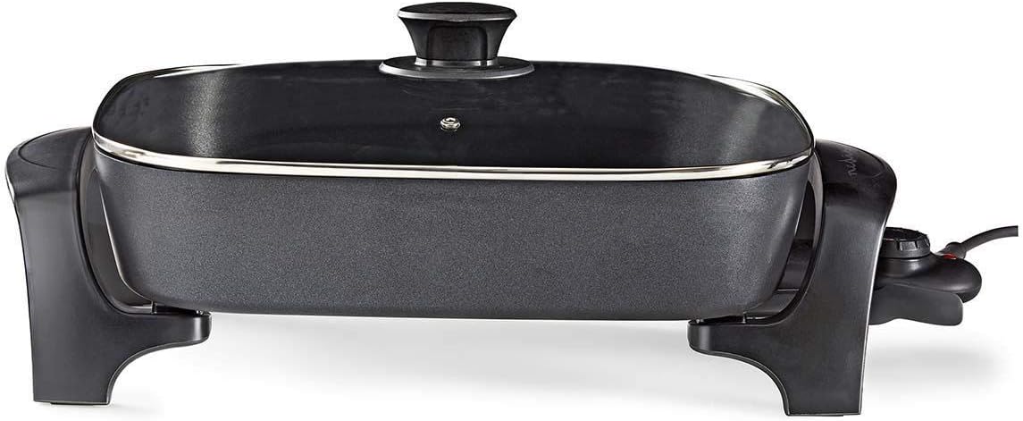 NEDIS Non-Stick Electric Skillet with Glass Lid, Multifunctional, 40 cm Diameter, Dishwasher Safe, Black Cast Aluminium