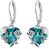 Rose Skull Earrings S925 Sterling Silver Heart Crystal Birthstone Dangle Drop Earrings Hypoallergenic Gothic Skull Leverback JJewelry Gift for Mom Daughter Wife