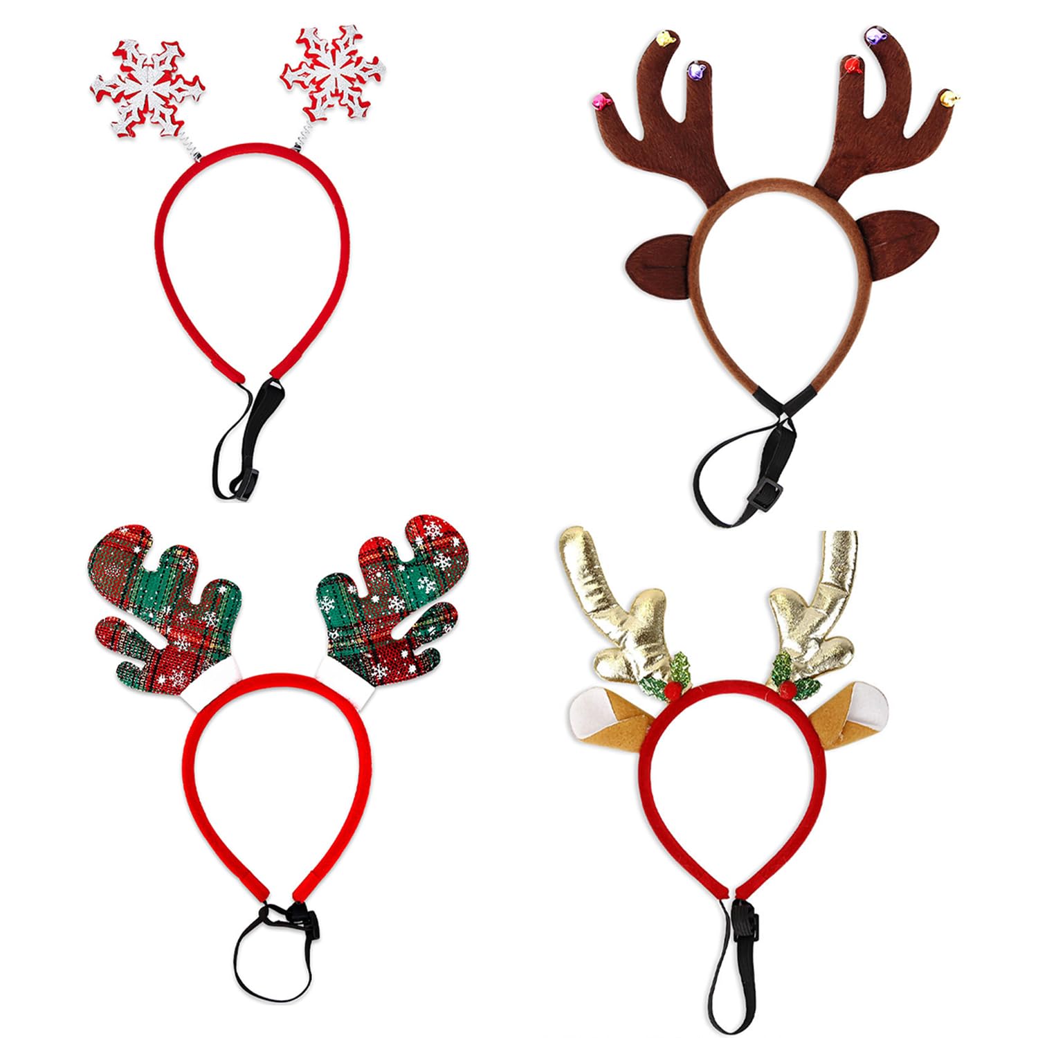 MEISH 4 Pieces Dog Christmas Headband Snowflake Headband Adjustable Christmas Pet Deer Antlers Headbands Christmas Pet Hair Hoops for Pet Costume Hair Accessory