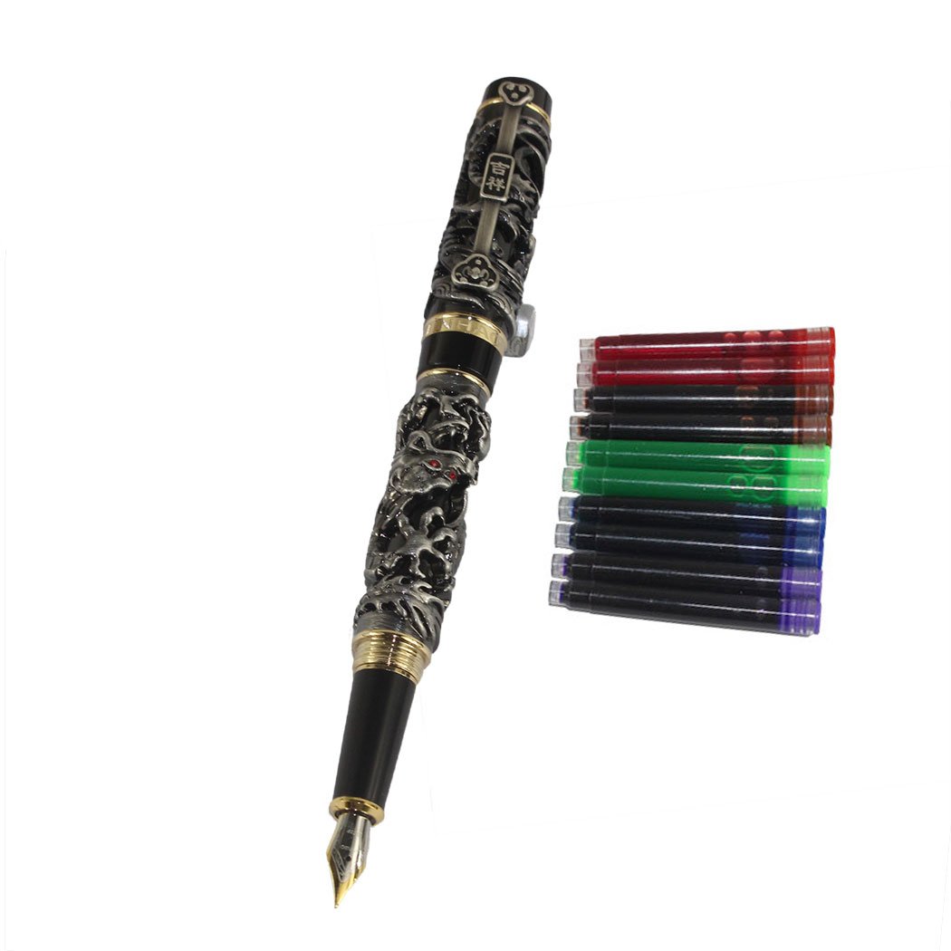 Gullor Noblest Dragon and Phoenix Fountain Pen with PU Leather Pen Pouch and 5 Colour Ink Cartridge - Antique Silver
