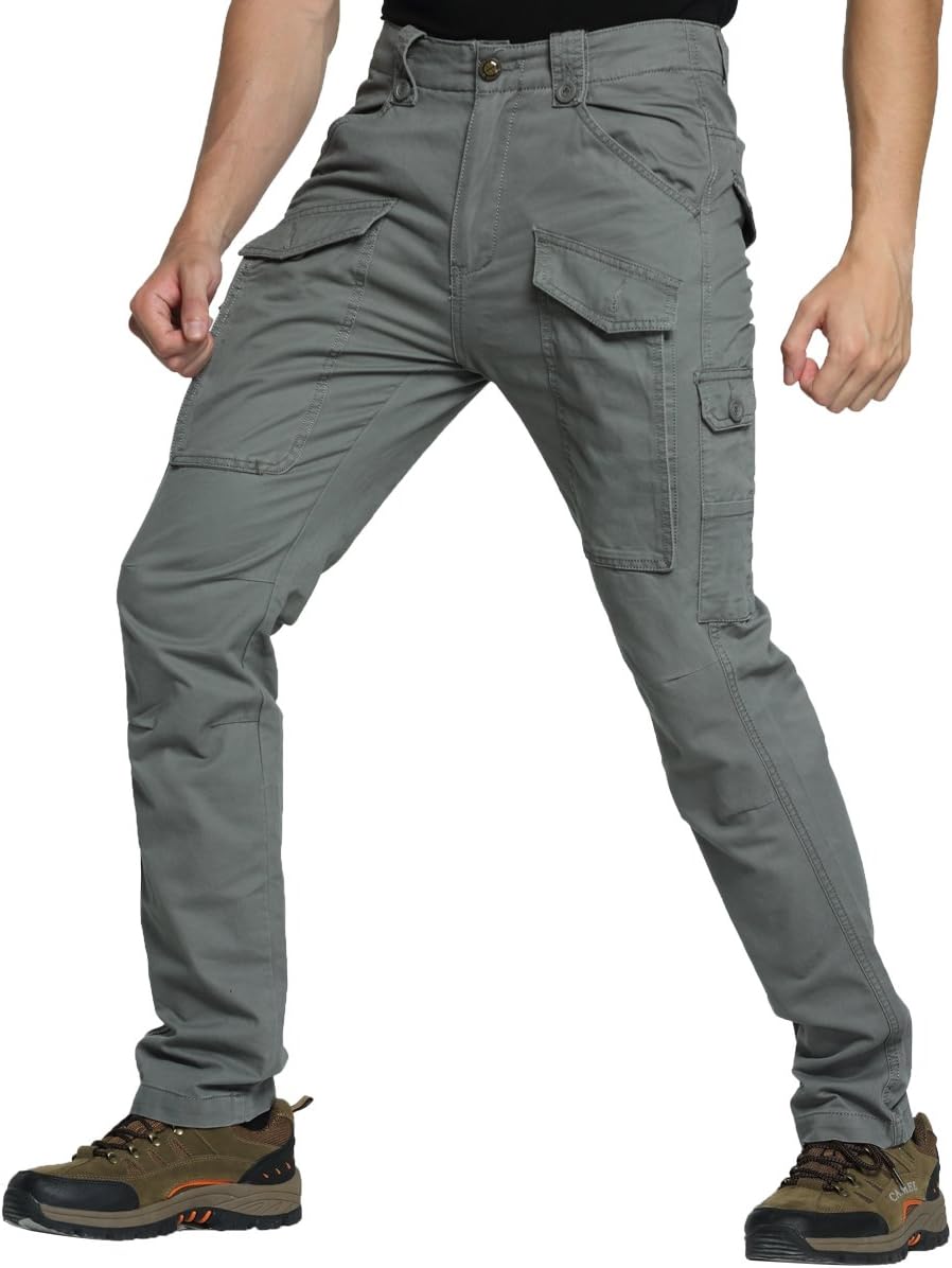 Mens Cargo Pants Tactical Casual Slim Fit Trousers Cotton Work Big and Tall Army Military Outdoor Wear Multi Pocket Sports Loose Workout Mountain Hiking Fishing Jogger Running Long Pants(Grey, 32)
