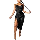 Women's Spaghetti Strap Satin Dress Sexy Backless Drawstring Ruched Split Hem Cocktail Evening Party