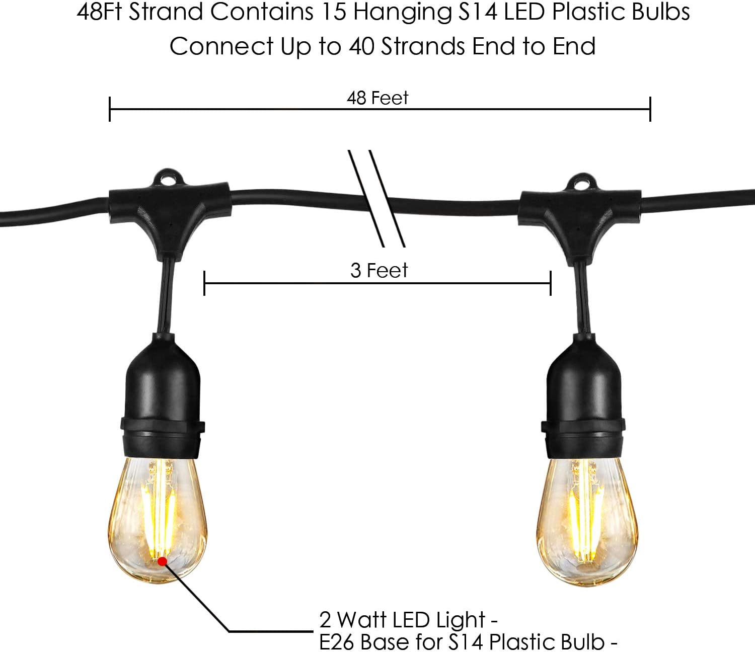 LED Outdoor String Lights for Patio - 48FT Commercial Waterproof Strand Patio String Lights, Hanging 2W Dimmable Edison Vintage Plastic Bulbs - Heavy-Duty Patio Lights Porch Market Light for Backyard - - 