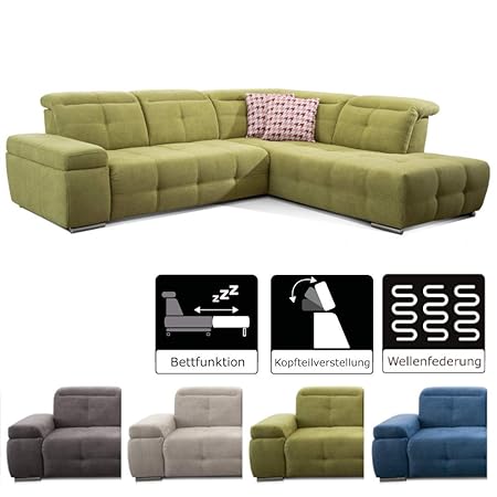 CAVADORE Schlafsofa Mistrel mit Ottomane rechts / Große Eck-Couch im modernen Design / Mit Bettfunktion / Inkl. verstellbare 