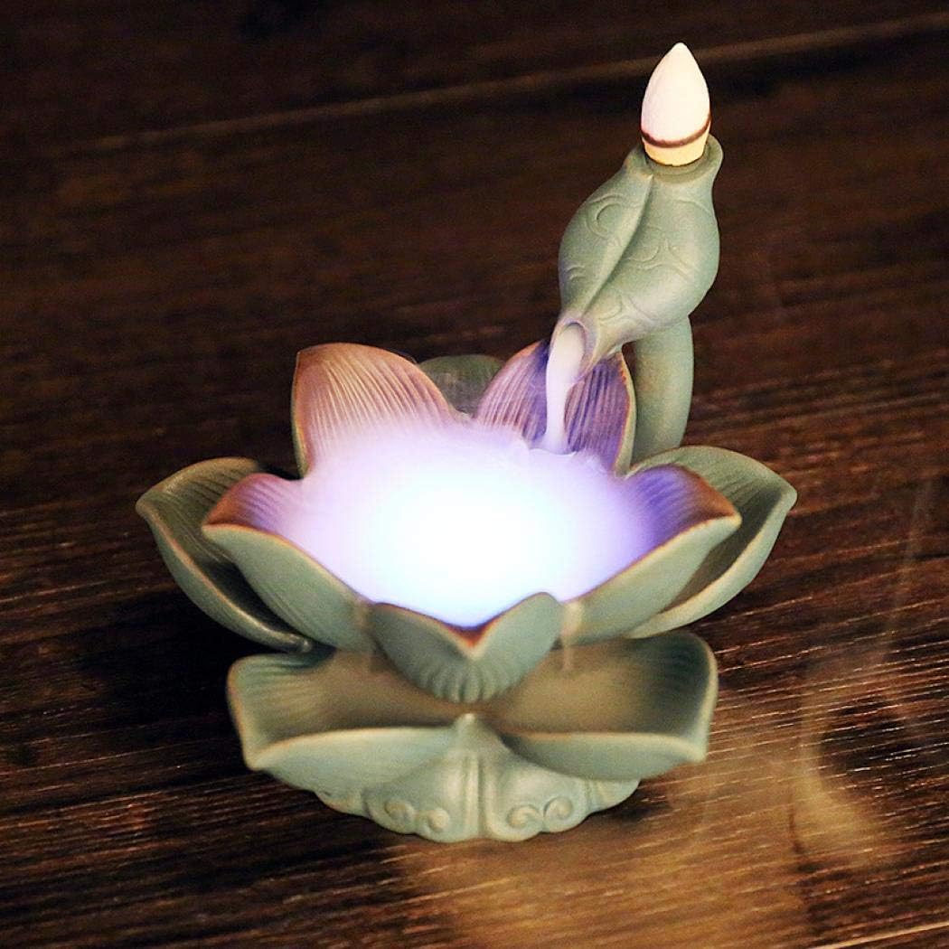 Backflow Incense Burner Holder Ceramic LED Glowing Lotus Incense Cones Burner with 10 Free Cones Home Decoration Handicraft Gift Green