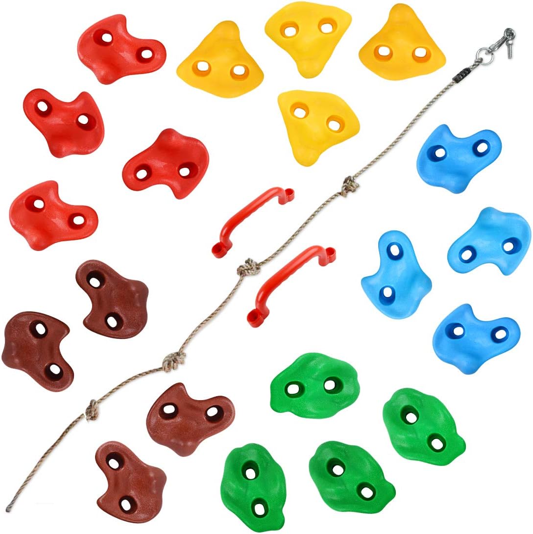 TOPNEW 20 Rock Climbing Holds for Kids, Adult Climbing Rock Wall Grips with 2 Handles, 5.9Ft Knotted Rope for Indoor and Outdoor Playground Play Set - Includes 2 Inch Mounting Hardware: Toys & Games