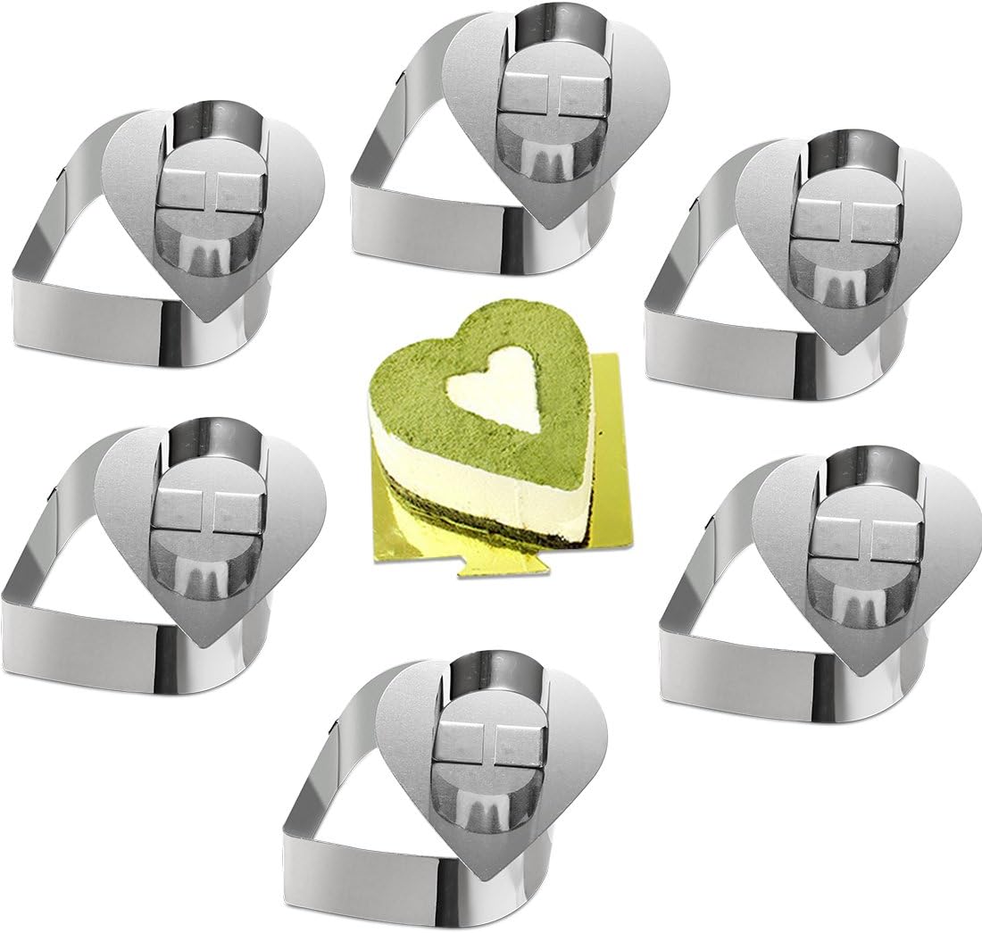 ONEDONE Cake Molds Stainless Steel Cake Rings Cake Mousse Mold with Pusher,3.15in Diameter, Set of 6 (Heart)