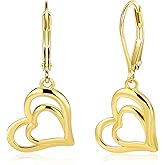 925 Sterling Silver Heart Dangle Earrings for Women, 14K Gold Plated Double Heart Dangling Drop Leverback Earrings for Women Trendy Hypoallergenic Earing Jewelry Gift
