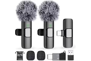 Wireless Lavalier Microphone Black Set Including:2mic+1 TypeC Receiver+Cable+2 Hairball+2 Adapter (for iPhone+ USB)+Box, for 