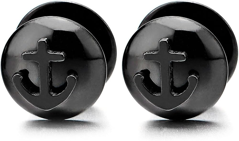 Mens 12mm Black Screw Stud Earrings with Marine Anchor
