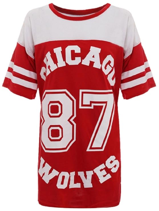 CHICAGO 87 WOLVES LADIES MESH BASEBALL LANGARM SHIRT TOP ÜBERGRÖSSE BAGGY VARSITY