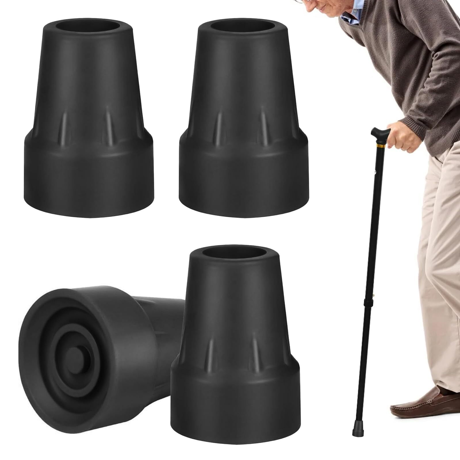 Photo 1 of 4 Pack Walking Cane Tips 7/8 Inch Crutch Tips Heavy Duty Rubber Cane Tips Replacement, Non-Slip Hiking Walker Tips Accessories for Canes Leg, Walkers, Rollator, Commodes,Shower Chairs(Black)