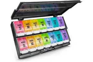 Extra Large Weekly Pill Organizer 2 Times a Day - Remtise Am/Pm Daily Pill Case Medicine Organizer, Push Button 7 Day Pill Box for Pills/Vitamin/Cod Liver Oil/Supplements (Rainbow)