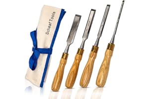 Finely Crafted Wood Chisel Set, 4 High-Performance Woodworking Chisels with Durable, Sharp CR-V Steel Blades Tempered to 60HRc, Chisel Set with Tool Roll from Schaaf Wood Carving Tools