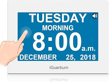 Iguerburn Horloge Parlante De 20 3 Cm Avec Ecran Tactile Pour Demence Personnes Agees D Alzheimer Personnes Agees Malvoyantes Faible Vision Affichage Numerique Calendrier Date Et Heure 8 Alarmes Reglables Amazon Ca Maison Et Cuisine