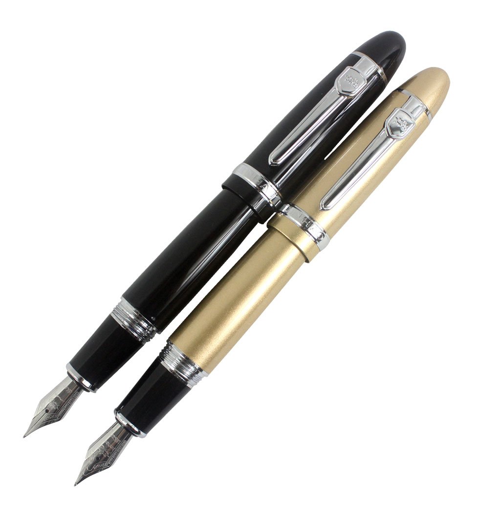 2 PCS Jinhao 159 Big Barrel Fountain Pens in 2 Colors(Black, Golden) with Transparent Pen Pouch