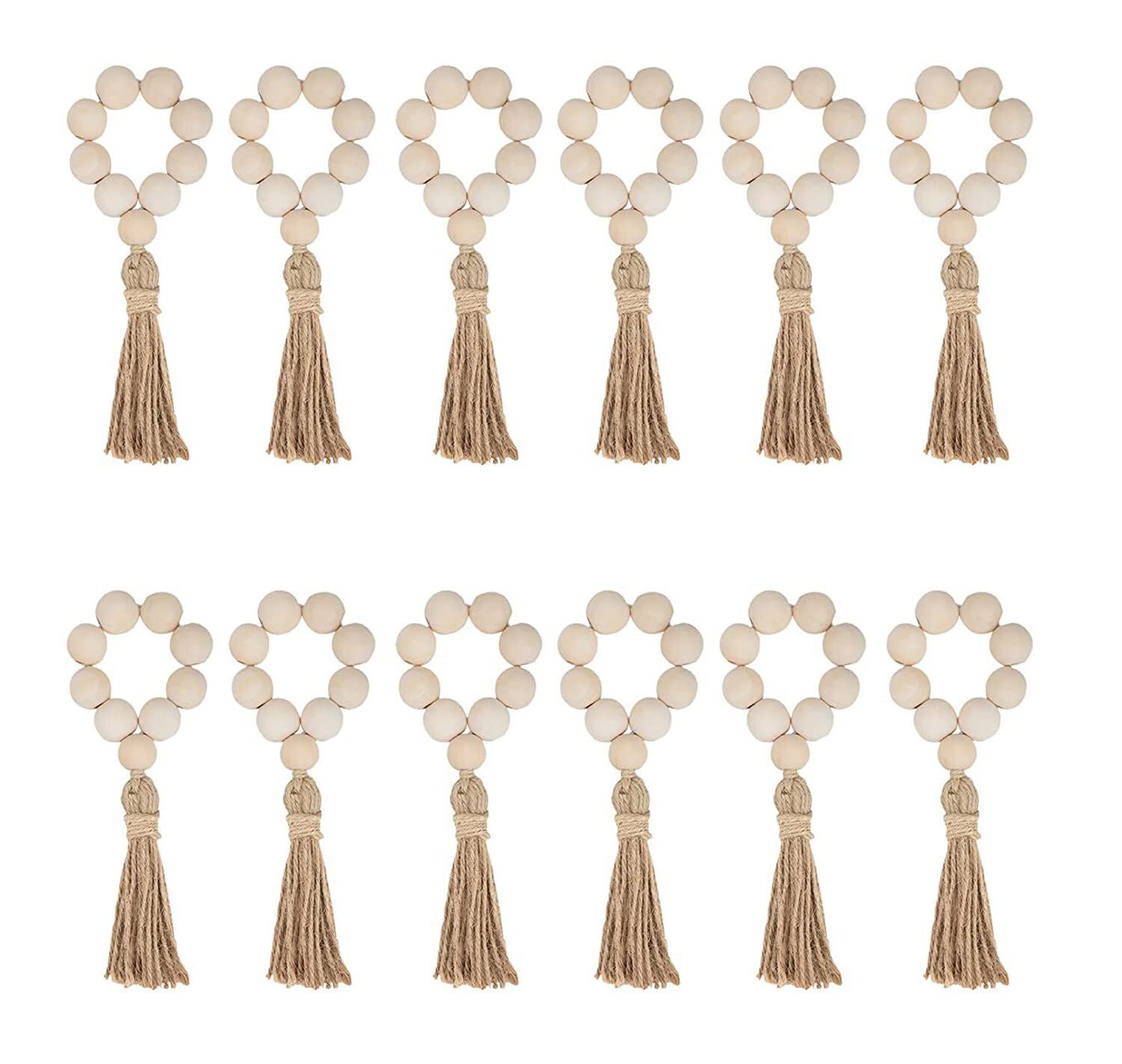 Uposao Wood Bead Napkin Rings Set of 12, Wooden Rustic Napkin Holders Boho Handmade Serviette Buckles with Tassels Natural Beaded Napkin Rings for Thanksgiving Wedding Party Table Decoration