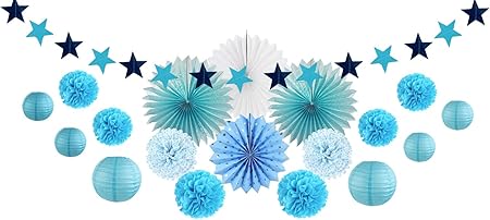 Sunbeauty Decoration Mariage Bleu Ciel Lanterne Papier Chinoise Pompon Papier De Soie Rosace Blanc Deco Chambre Bapteme Baby Shower Garcon Salon Kit Amazon Fr Cuisine Maison