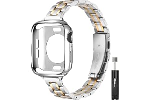 HAYONLIY Slim Metal Band with Case Compatible with Apple Watch Band 42mm 41mm 40mm 38mm,Stainless Steel Thin Dressy Adjustabl