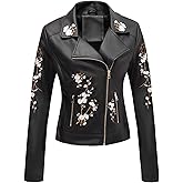 Bellivera Women Faux Leather Jacket Studded Rivet Floral Moto Biker Coat