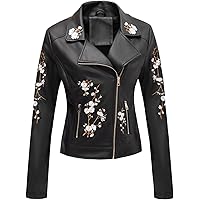 YILANUOYI Women's Embroidered Studded Faux Leather Jacket Moto