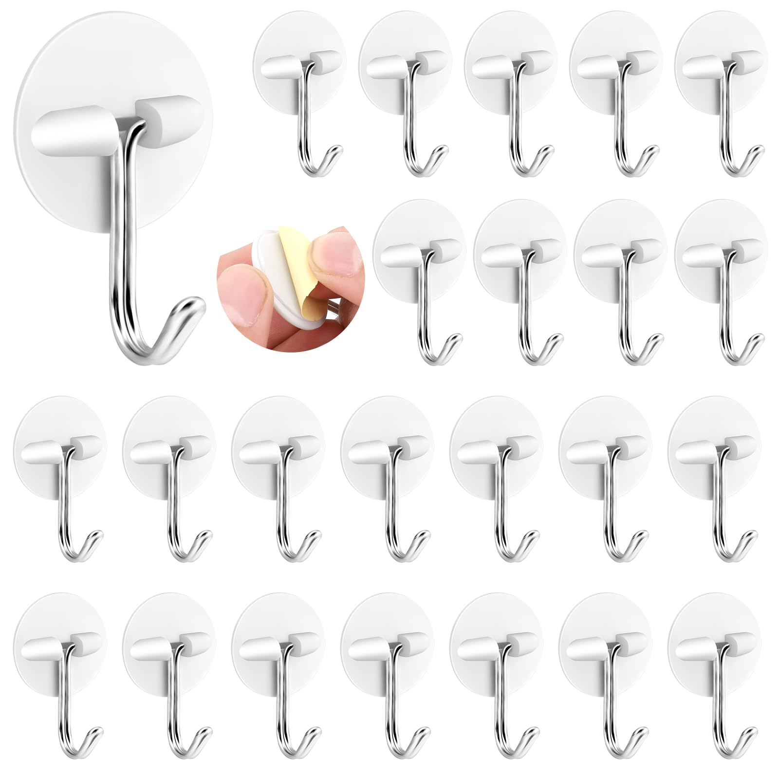 Photo 1 of 24pcs Round Plastic Hooks - Small Self Stick Hooks for Hanging, White, Waterproof & Oil Proof for Kitchen Utensils