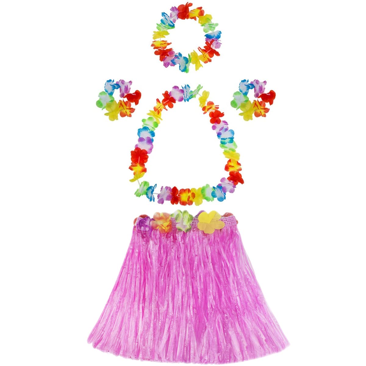 Aohhy 40cm Grass Skirts for Girls Hawaiian Grass Dance Skirt with Flowers Bracelets Headband Necklace Hula Set (Rose)