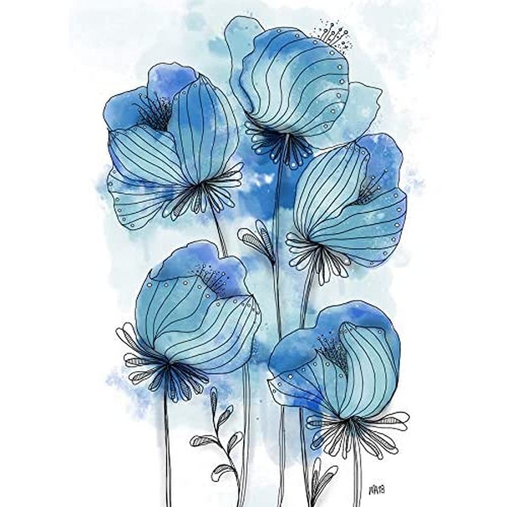 Artery8 Patterned Blue Poppies Watercolour Painting Art Print Canvas Premium Wall Decor Poster Mural