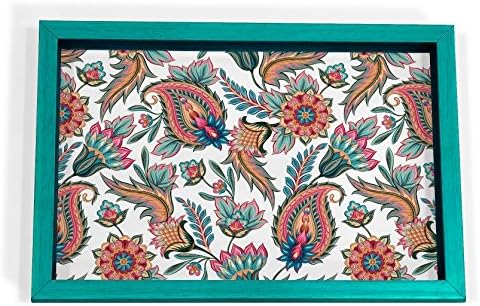 BRAHMA DESIGN Oriental Paisley White Teal Border Fibre Frame Tray with Acrylic Insert in Rectangle Shape (8" x 12-inch)