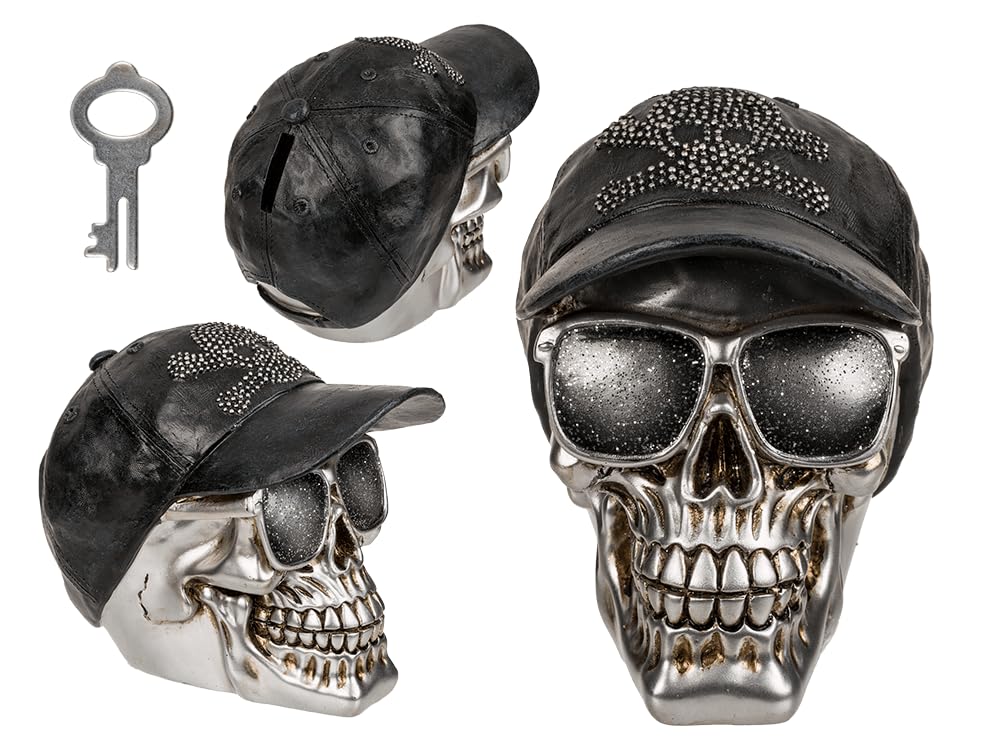 Money Box with Lock Skull with Baseball Cap Approximately 16 x 13 cm Made of Polyresin