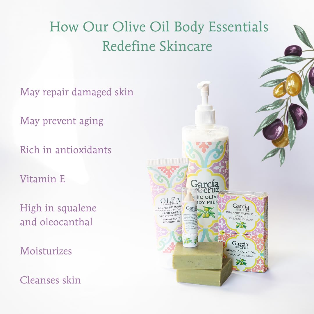 Olive Oil Body Essentials Kit by Garcia de la Cruz Extra Virgin Olive Oil Infused Skin Care Gift Set includes Body Milk, Lip Balm, Hand Cream, and 2 Soaps