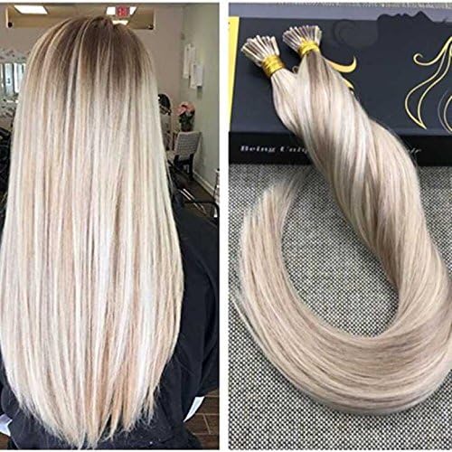 Ugeat 16inch 50g/package Human Hair Extensions Straight Highlights Piano Color 18/613 Ash Blonde to Bleached Blonde Full Head Skin Weft Extensions 100% Human Hair I Tip Hair Extensions 1g/strand