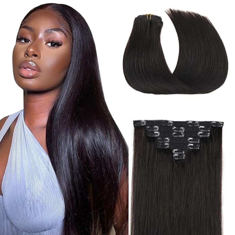 Photo 1 of #1B Natural Black Clip in Hair Extensions Human Hair, Natural Color Straight Remy Human Hair Extensions Clip ins for Women, 12 Inch 120g 7Pcs, Color #1B Hair Extension