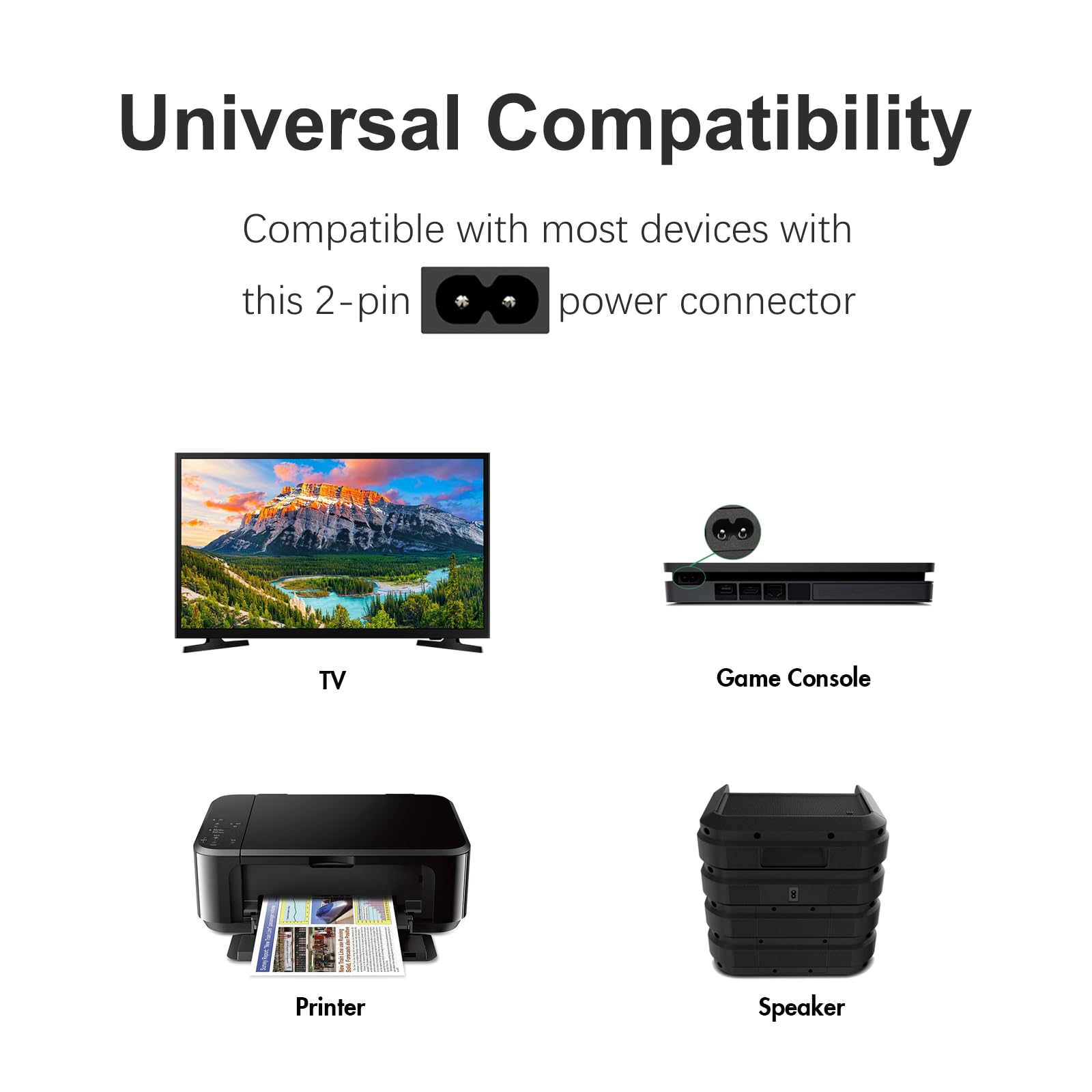 TPLTECH AC Power Cord for Sony PS5/PS4/PS3 Slim, Xbox Series S/Series X, Xbox One S/X, Universal 2 Prong Power Cable Replacement