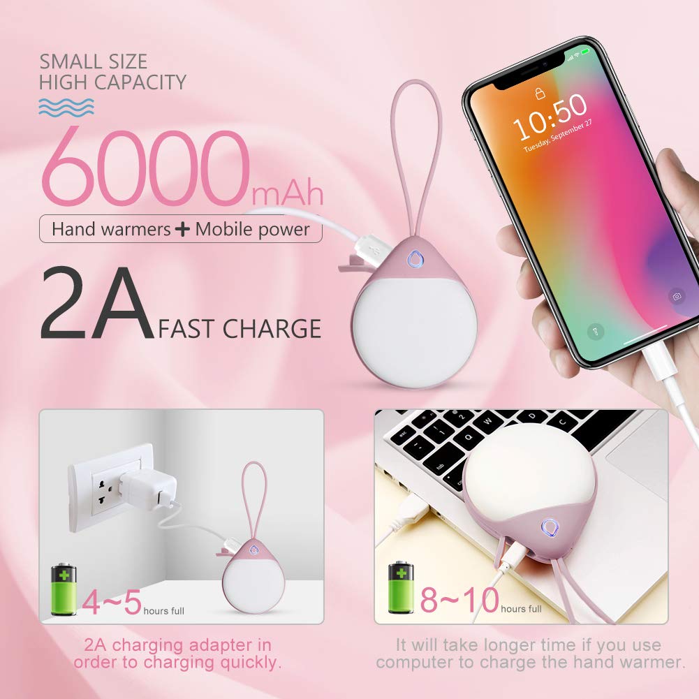 RioRand Hand Warmers Power Bank 2 in 1,6000mAh USB Rechargeable/Reusable Portable Pocket External Battery Charger with Flannelette Bag,Best Gift for Women,Kids-Pink and White