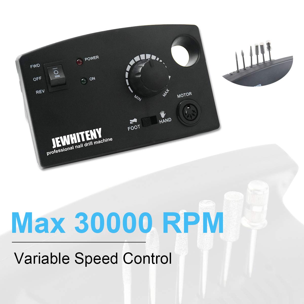 JEWHITENY Professional Nail Drill Machine 30,000RPM, Light Electric Acrylic Nail File Kits for Remove Nail Gel Polish, Manicure Machine Design for Home Salon Use, 110-240V(Black): Beauty