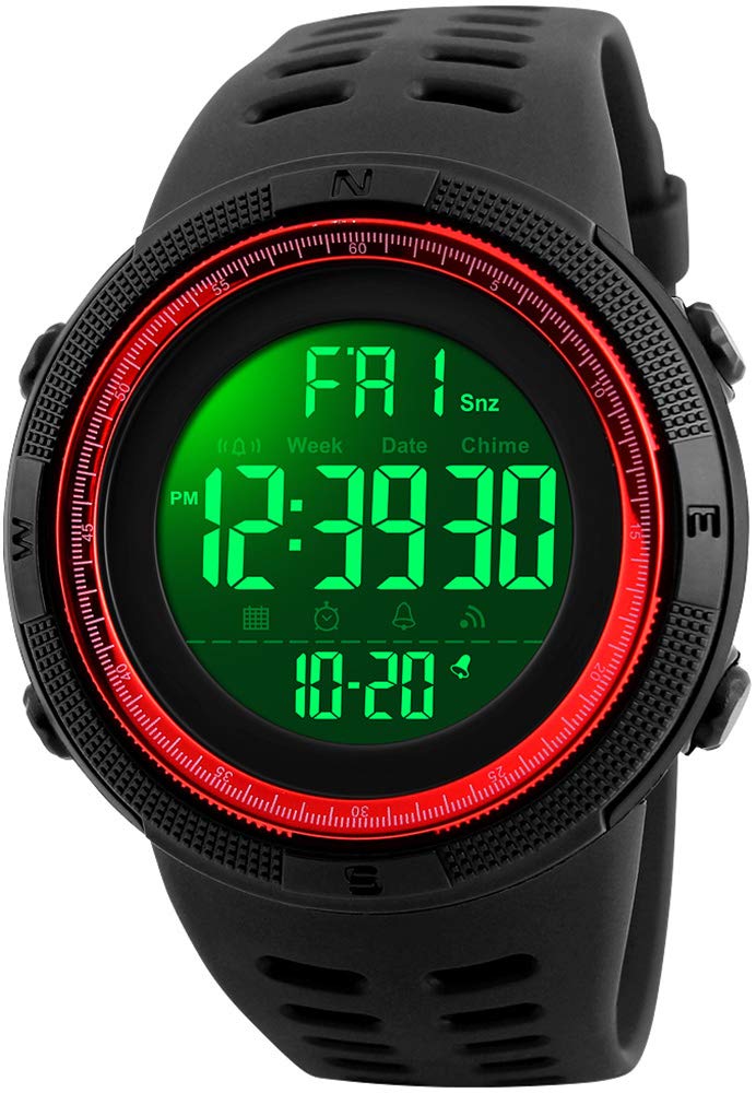FANMIS Mens Digital LED Sports Watch Military Multifunction 12H/24H Time Dual Time Alarm Countdown Back Light with Simple Design 164FT 50M Water Resistant Calendar Month Date Day Watch, Black Red, โ image 1