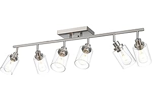 Wanluce 6 Light Track Lighting Kit Brushed Nickel Kitchen Track Lighting Fixtures Ceiling Mount Bathroom Vanity Wall Scones Light Fixture with Clear Glass, Rotatable Spotlight for Kitchen Shop Hallway