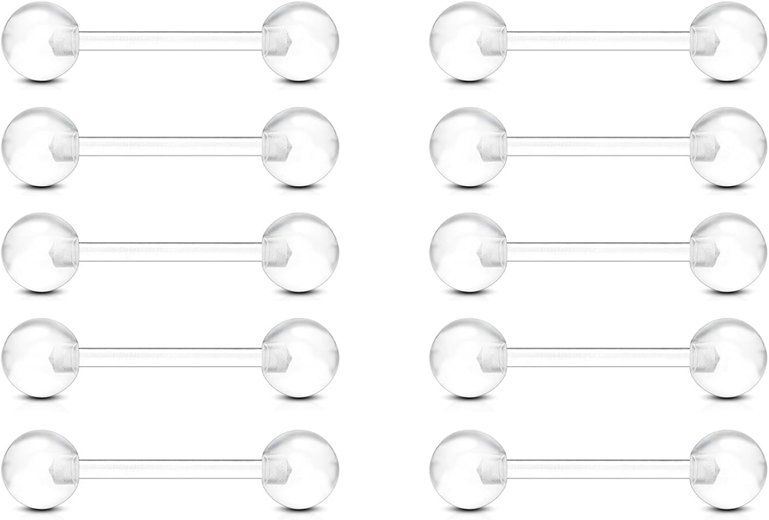 FECTAS 10pcs Clear Tongue Bars Nipple Barbell Set - Flexible Acrylic 14G Piercing Jewellery 12/14/16/18mm