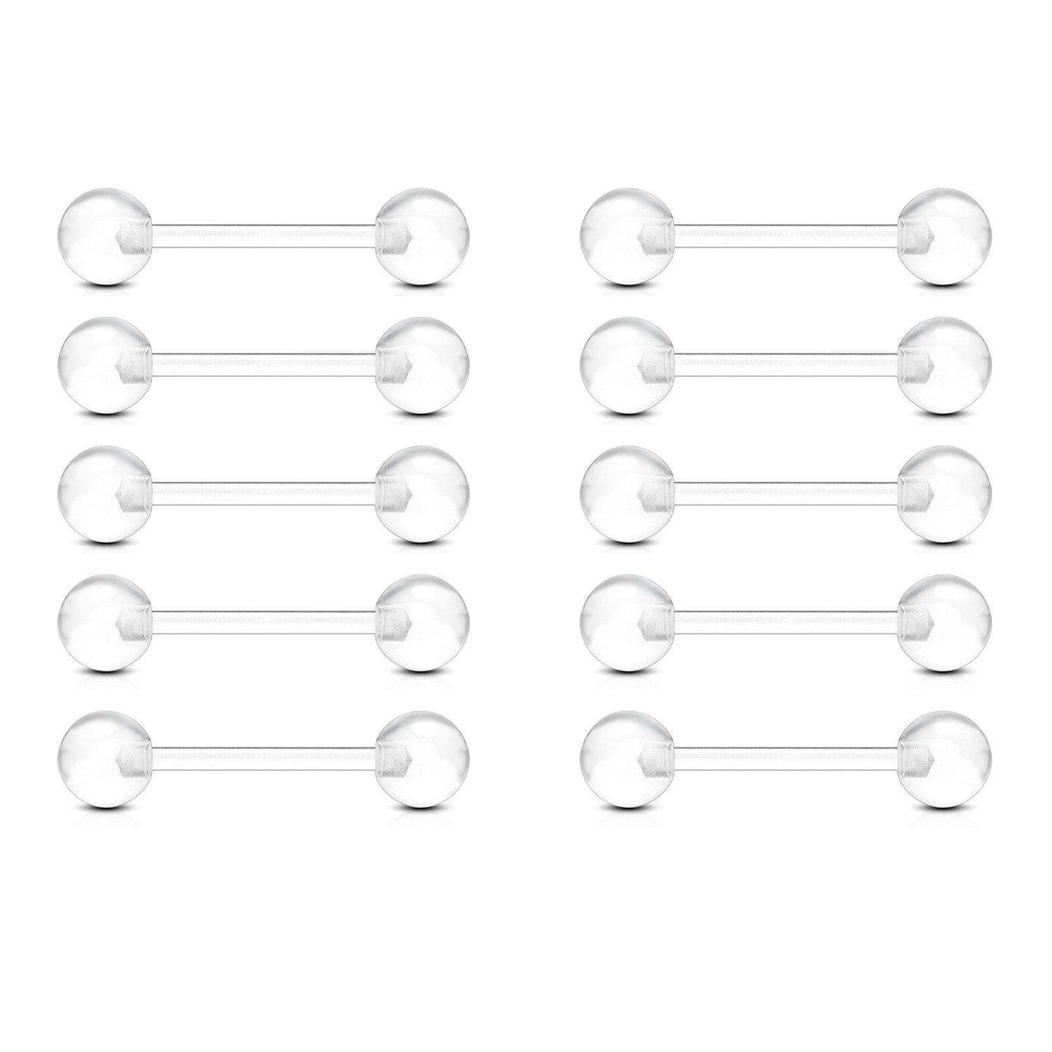 FECTAS 10pcs Clear Tongue Bars Nipple Barbell Set - Flexible Acrylic 14G Piercing Jewellery 12/14/16/18mm