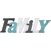 Family Wood Signs for Home Decor in Grey Teal White Multicolor - Rustic Freestanding Stacked Letters for Shelf Mantel- 3D Thick Retro Family Wooden Letter 16x5 Inches
