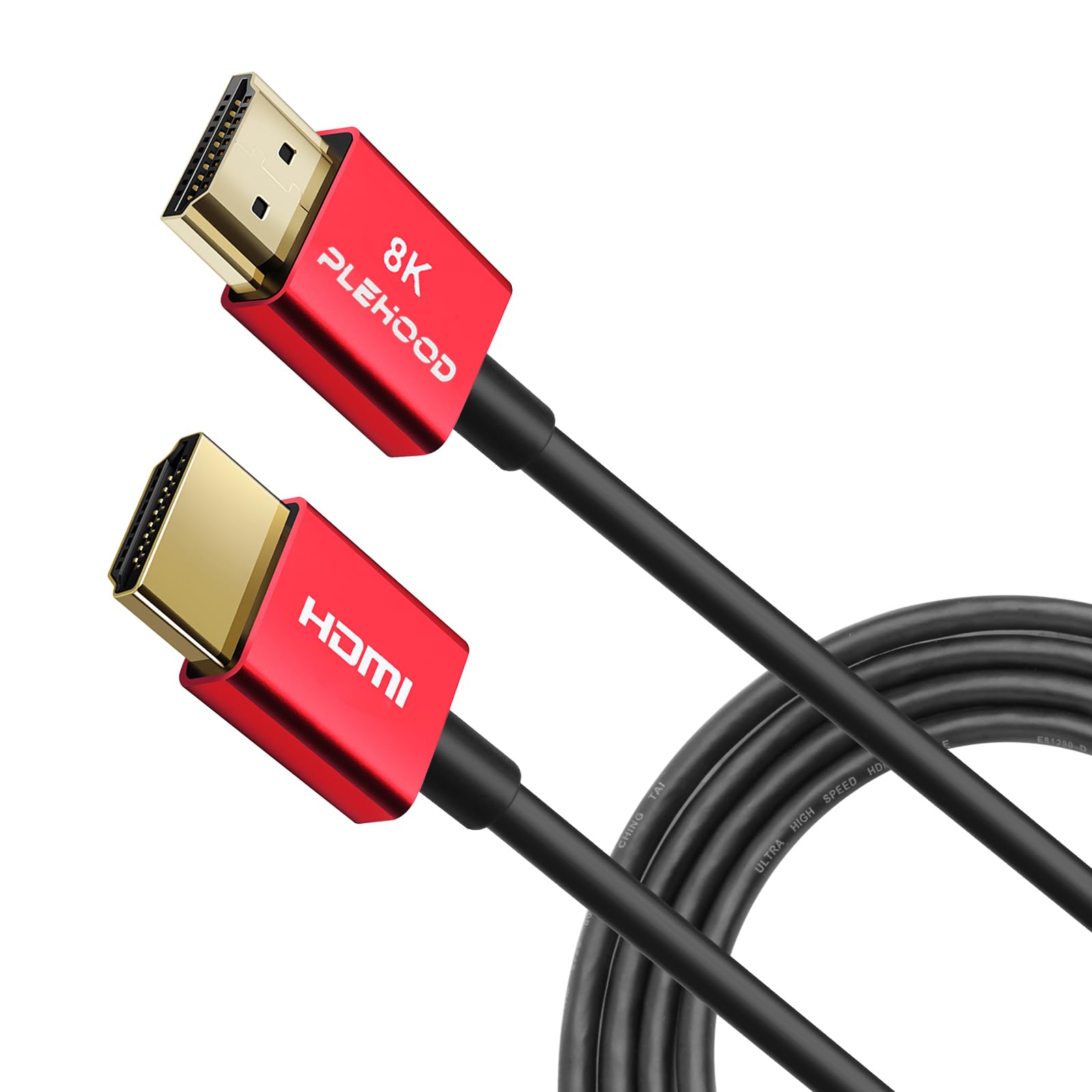 Plehood Thin HDMI 2.1 Cable 8K, Slim HDMI Cable High Speed 48Gbps, 8K@60Hz 4K@120Hz, Dynamic HDR, eARC, Dolby Vision, Compatible with GH5S, NS, 8KUHD TV, PS5, Red, 1m(3ft)