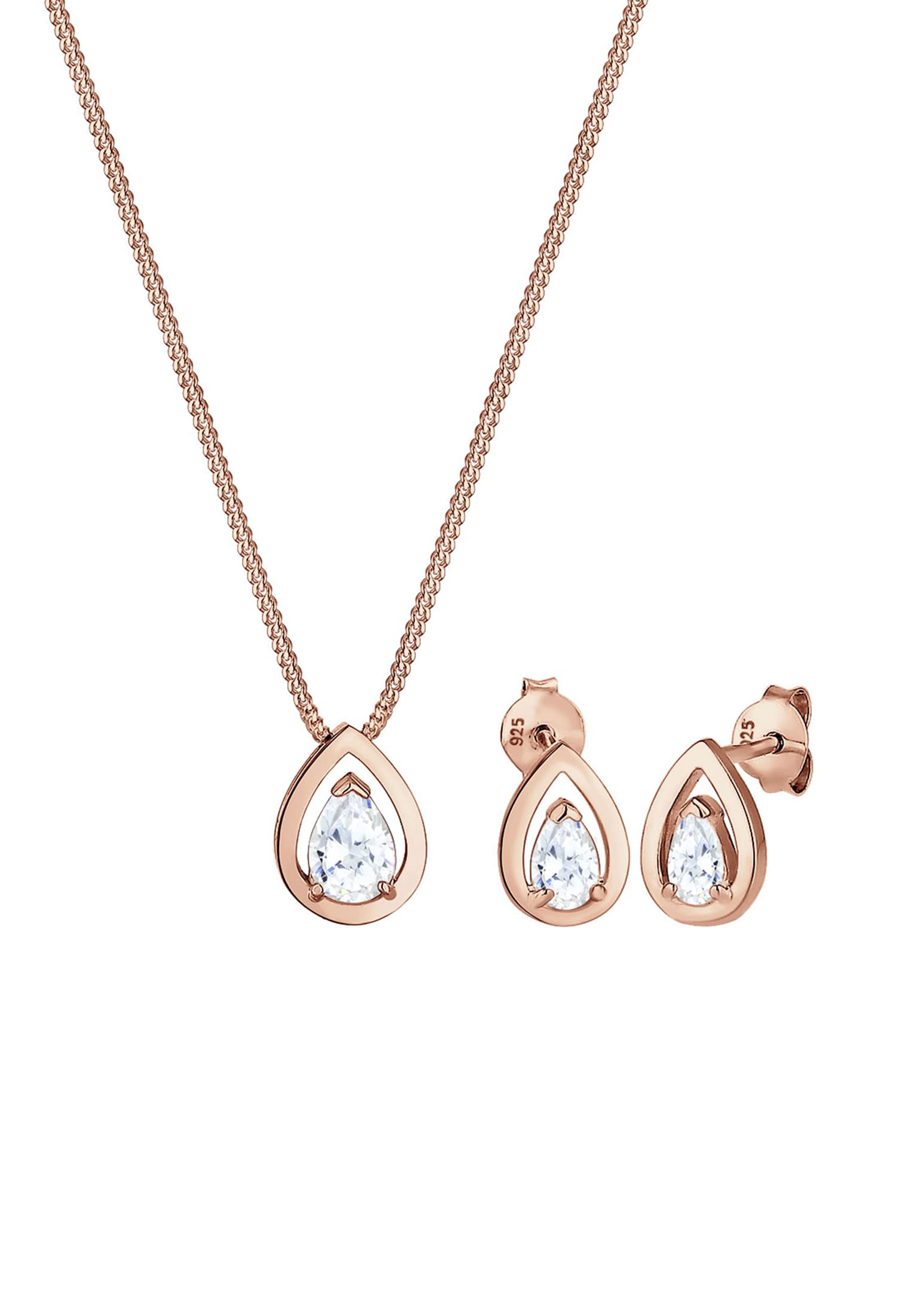 Elli Women's 925 Sterling Silver Rose Gold Plated Drop Zirconia Jewellery Set - 45cm length
