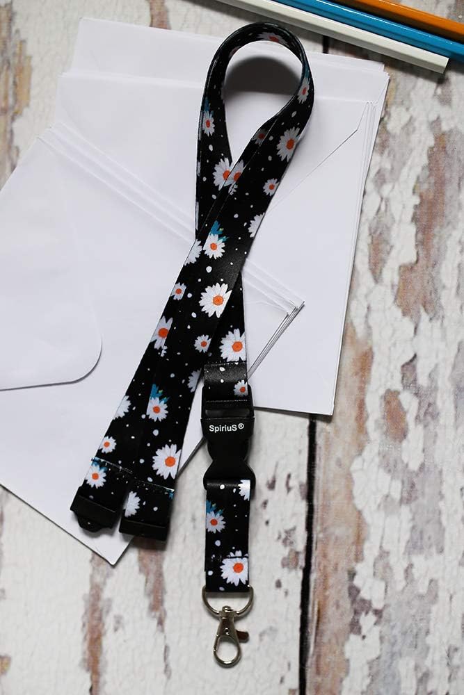 SpiriuS Breakaway Lanyard neck strap for women for id card badge holder with metal clip 2cmx43cm (daisies flowers black) - Image 4