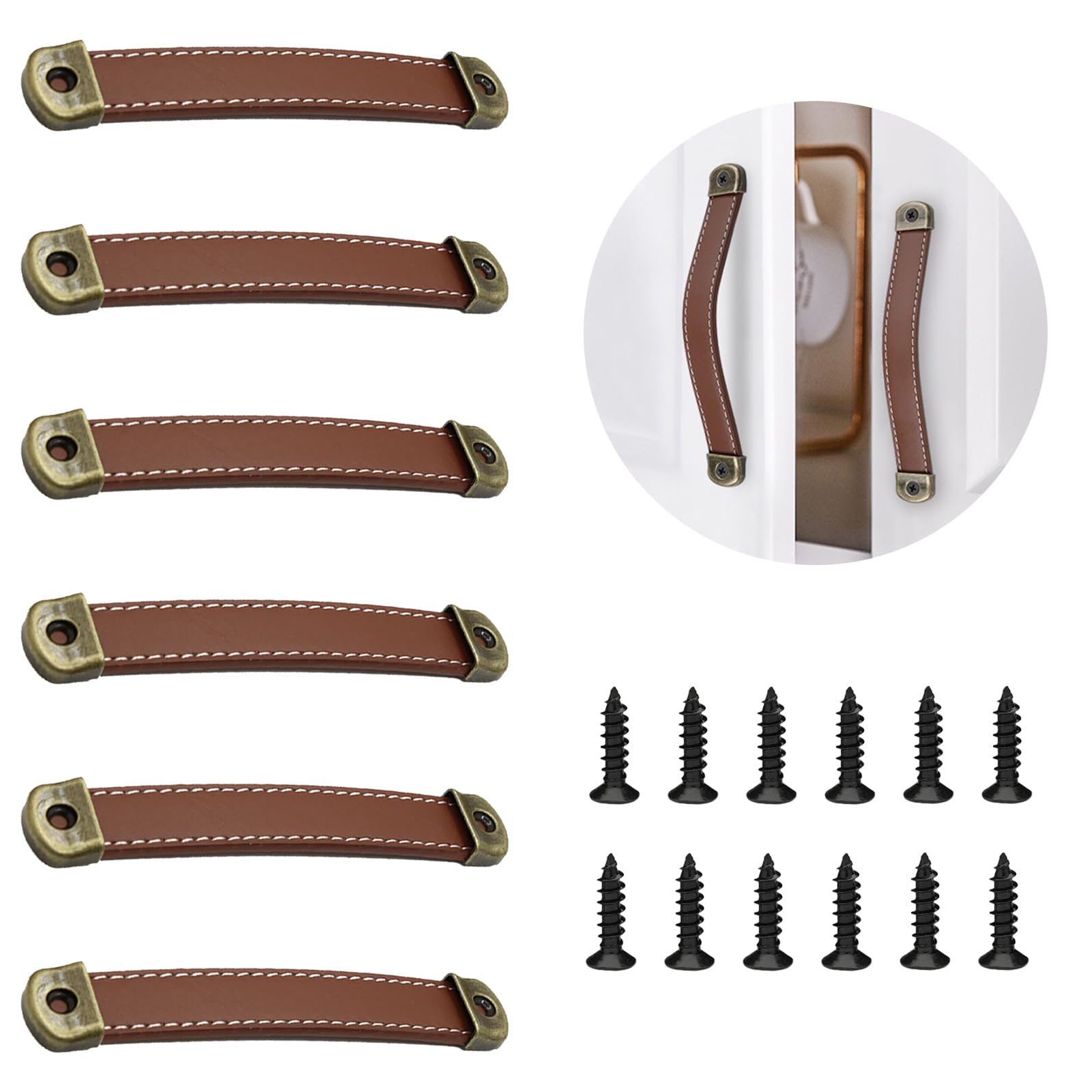 Oenothera 6-Piece Leather Furniture Handles, Vintage Khaki Leather Door Knobs & Drawer Pulls, Ergonomic & Safe for Cabinet, Cupboards, Wardrobe, Dresser