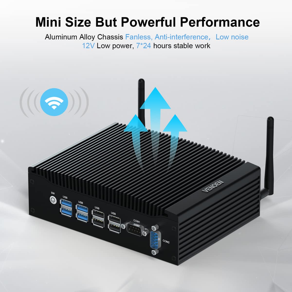 VENOEN Mini PC Lüfterlos i5 Fanless PC Indsutrie Core i5 8250U/8350U, 16GB RAM 512GB SSD, 2X HD 4k Ausgang, 2X RS232 COM, WiFi, 2X Gigabit Ethernet, Industrial PC für Home/Business/Billboard 6
